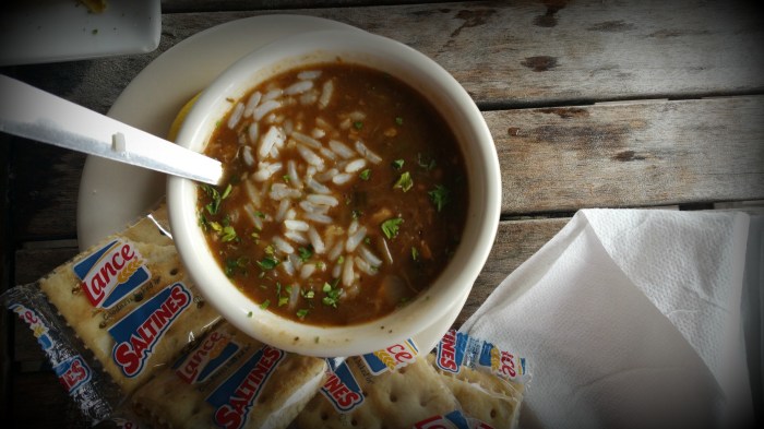 A cup of seafood gumbo, while sitting next to the lake, hit the spot.